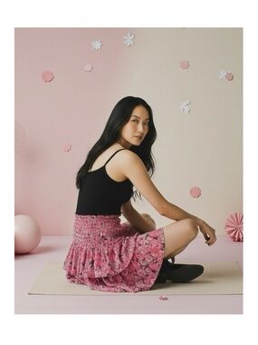 Ramy Brook ✿ Ronnie Tiered Chiffon Ruffle Mini Skirt ✿ Pink Leaf Print ✿ Large